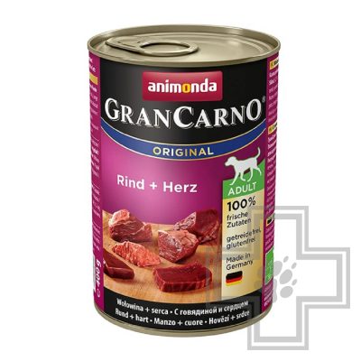GranCarno Консервы для взрослых собак, кусочки с говядиной и сердцем