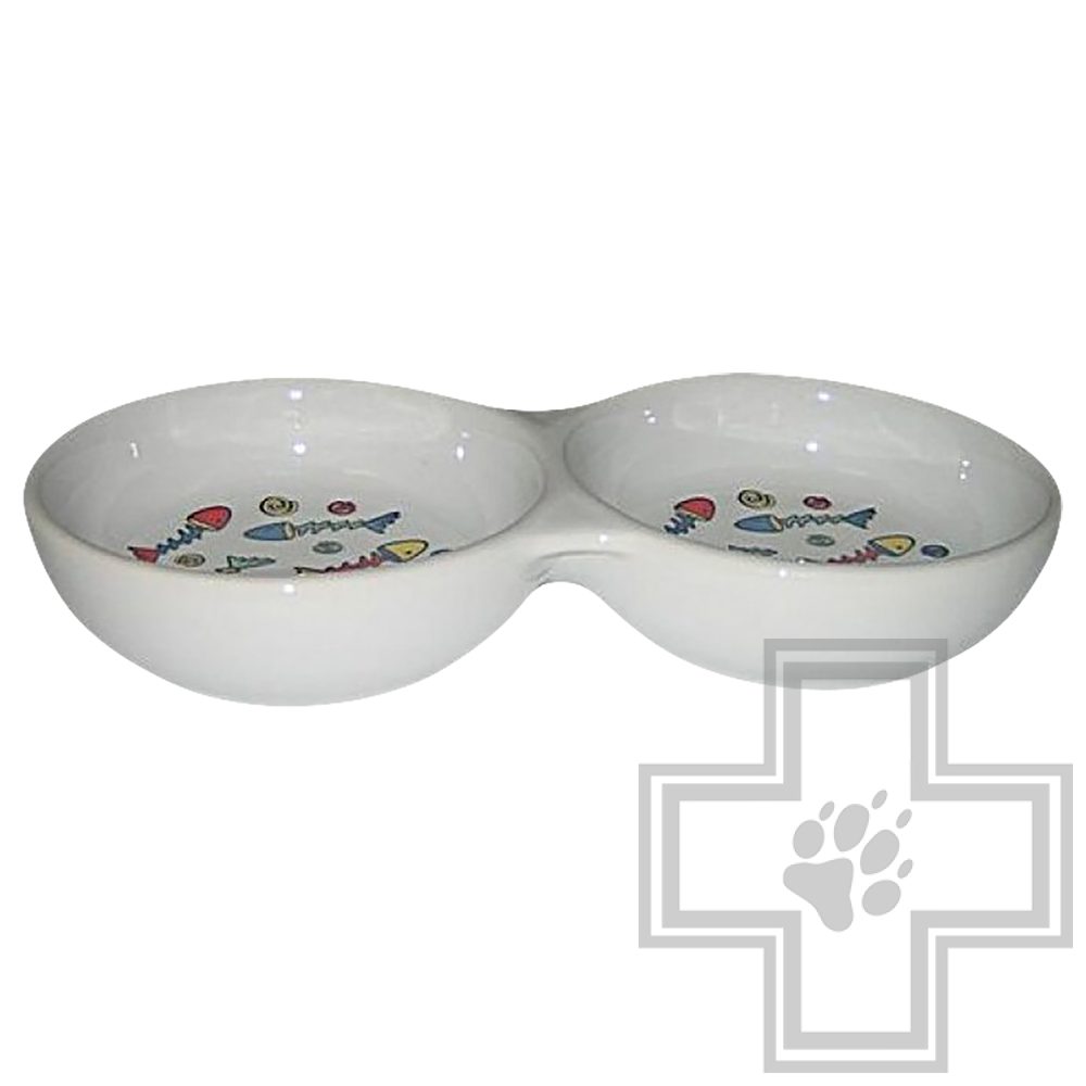 Beeztees Миска двойная фарфоровая с изображением рыб, 22 см