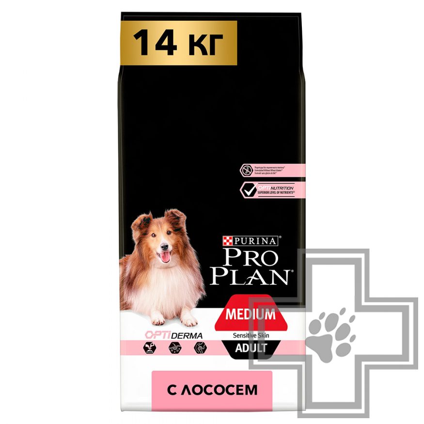 Pro Plan Корм для взрослых собак средних пород с чувствительной кожей, с лососем и рисом