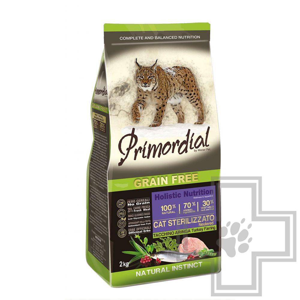 Primordial Grain Free Cat Sterilizzato Корм для взрослых стерилизованных кошек, с индейкой и сельдью