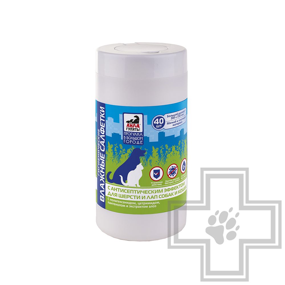 Айда гулять! Салфетки влажные гигиенические с антисептическим эффектом для шерсти и лап, 40 шт.
