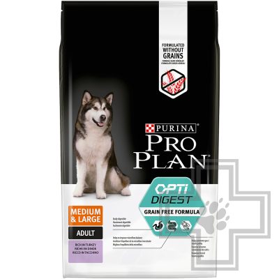 Pro Plan Grain Free Корм для собак средних и крупных пород с чувствительным пищеварением, с индейкой