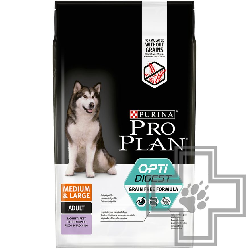 Pro Plan Grain Free Корм для собак средних и крупных пород с чувствительным пищеварением, с индейкой