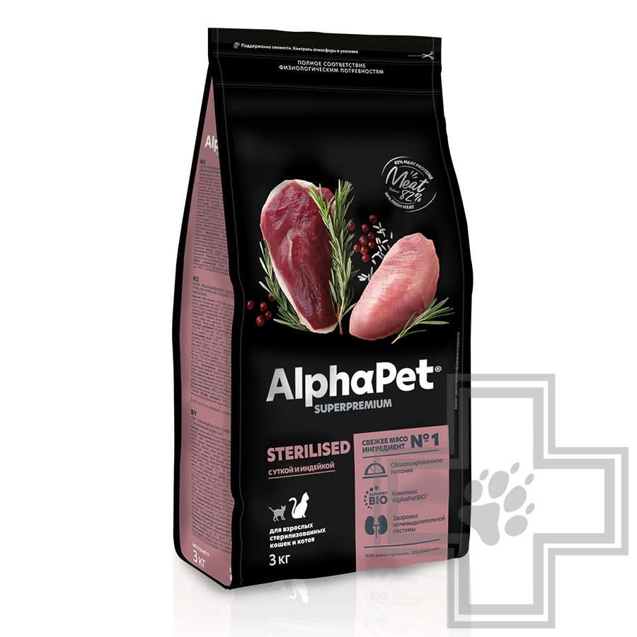 AlphaPet Superpremium Корм для взрослых стерилизованных кошек и котов, с уткой и индейкой