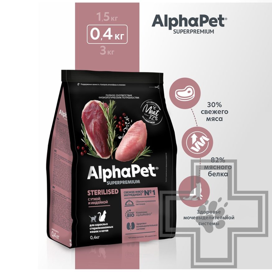 AlphaPet Корм для взрослых стерилизованных кошек и котов, с уткой и индейкой