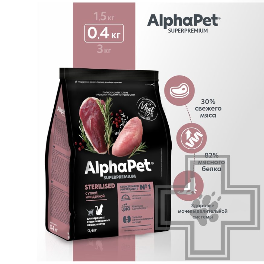 AlphaPet Superpremium Корм для взрослых стерилизованных кошек и котов, с уткой и индейкой AlphaPet Superpremium Корм для взрослых стерилизованных кошек и котов, с уткой и индейкой