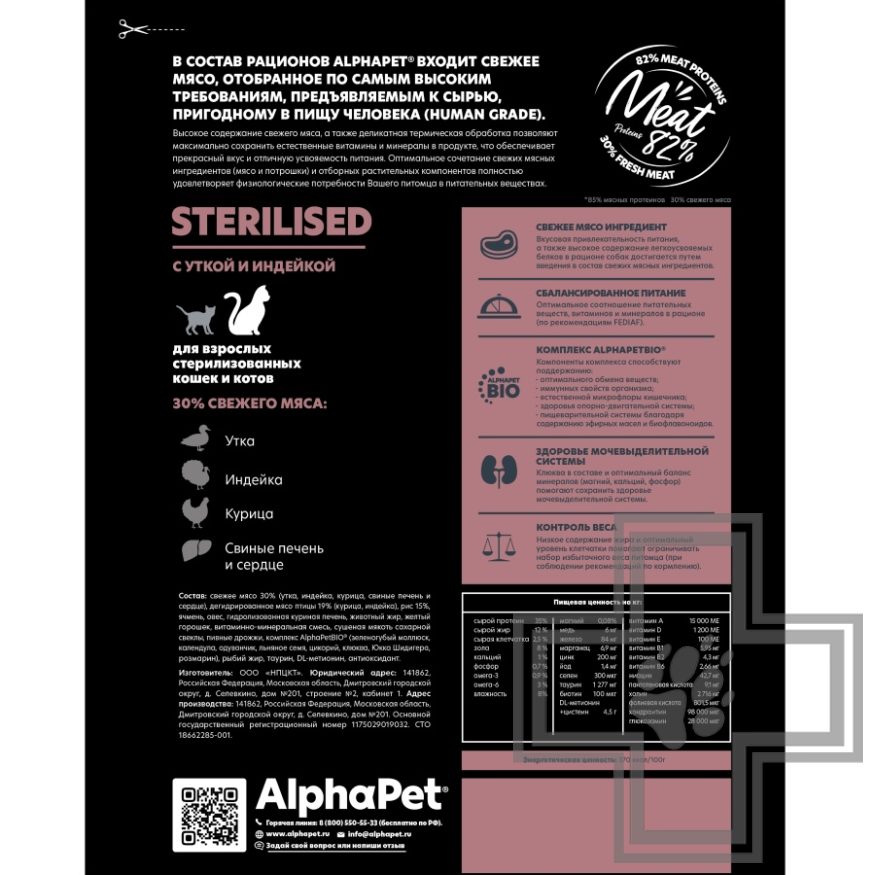 AlphaPet Корм для взрослых стерилизованных кошек и котов, с уткой и индейкой