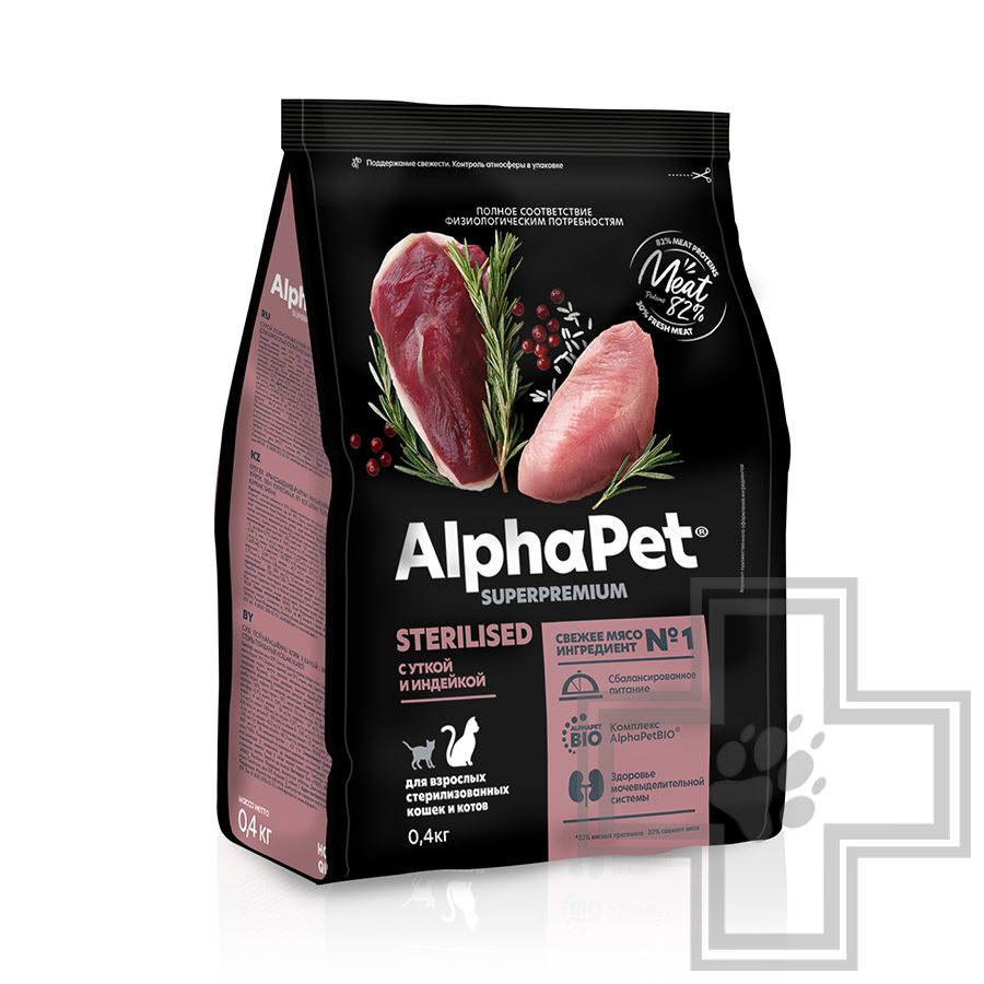 AlphaPet Superpremium Корм для взрослых стерилизованных кошек и котов, с уткой и индейкой
