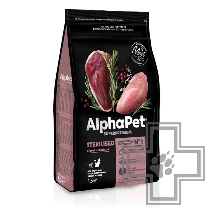 AlphaPet Superpremium Корм для взрослых стерилизованных кошек и котов, с уткой и индейкой AlphaPet Superpremium Корм для взрослых стерилизованных кошек и котов, с уткой и индейкой