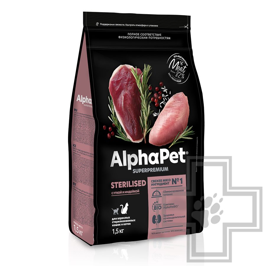 AlphaPet Superpremium Корм для взрослых стерилизованных кошек и котов, с уткой и индейкой