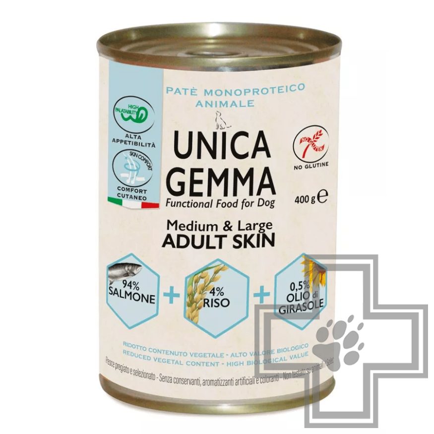 Unica Gemma Adult Skin Консервы для взрослых собак средних пород для кожи и шерсти, паштет из лосося