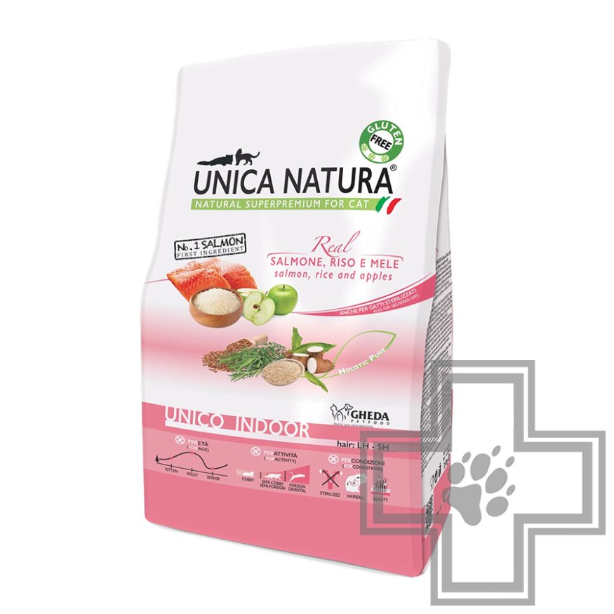 Unica Natura Indoor Корм для домашних кошек, с лососем, рисом и яблоком