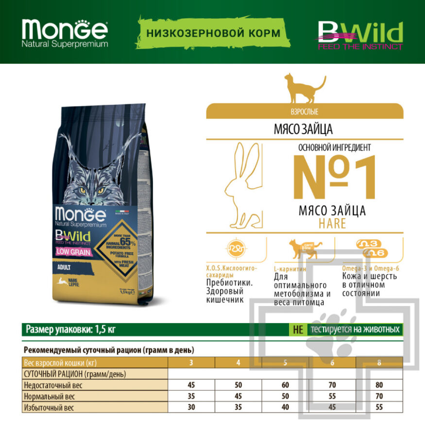 Monge LOW GRAIN Корм низкозерновой для взрослых кошек, с зайцем