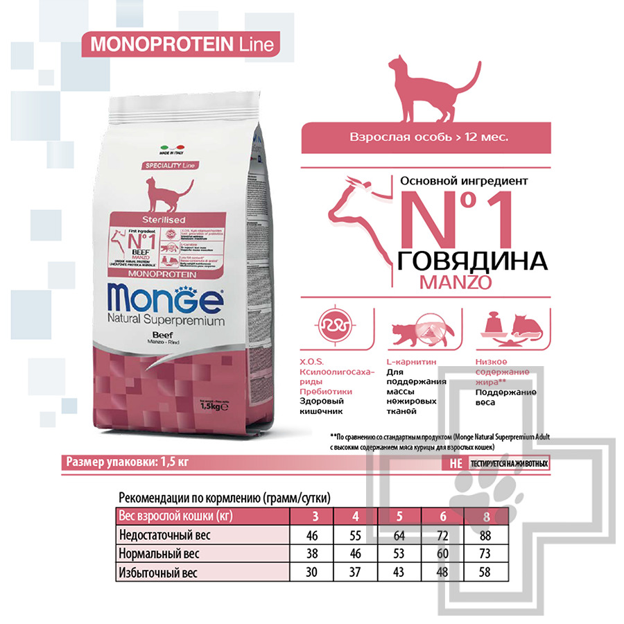 Monge Monoprotein Sterilised Корм для взрослых стерилизованных кошек, с говядиной