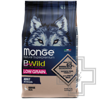 Monge LOW GRAIN Корм низкозерновой для взрослых собак всех пород, с гусем