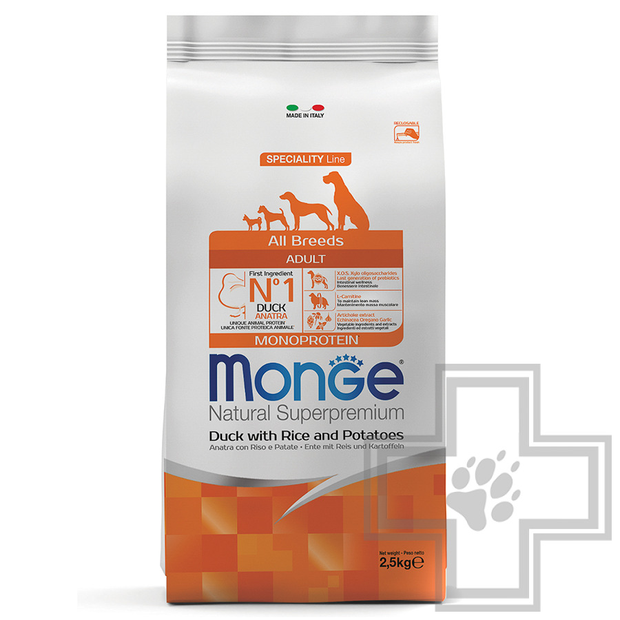 Monge Monoprotein Корм для взрослых собак всех пород, с уткой, рисом и картофелем