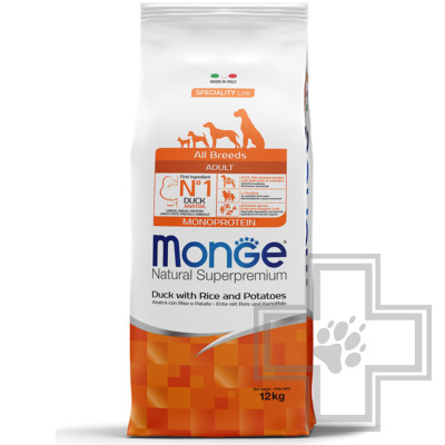 Monge Monoprotein Корм для взрослых собак всех пород, с уткой, рисом и картофелем