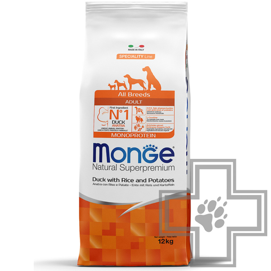 Monge Monoprotein Корм для взрослых собак всех пород, с уткой, рисом и картофелем