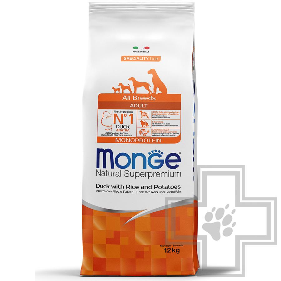Monge Monoprotein Корм для взрослых собак всех пород, с уткой, рисом и картофелем