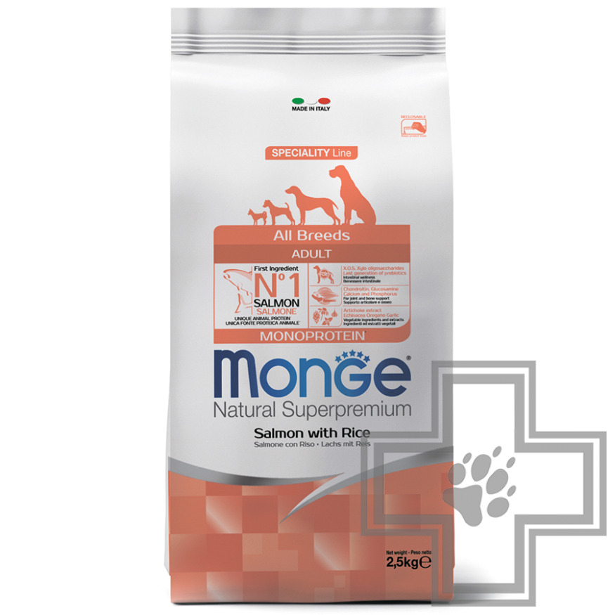 Monge Monoprotein Корм для взрослых собак всех пород, с лососем и рисом