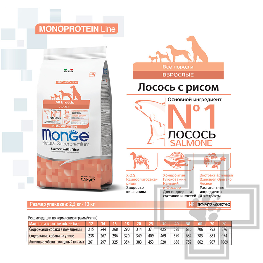 Monge Monoprotein Корм для взрослых собак всех пород, с лососем и рисом