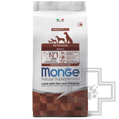 Monge Monoprotein Корм для взрослых собак всех пород, с ягненком, рисом и картофелем