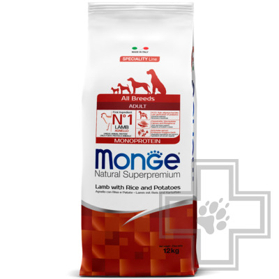 Monge Monoprotein Корм для взрослых собак всех пород, с ягненком, рисом и картофелем