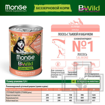 Monge GRAIN FREE Консервы беззерновые для взрослых собак всех пород, с лососем, тыквой и цукини
