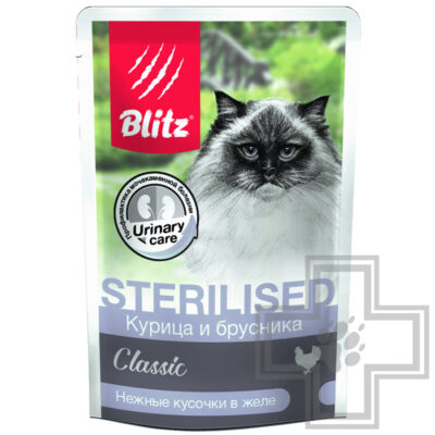 Blitz Classic Пресервы для стерилизованных взрослых кошек, с курицей и брусникой в желе