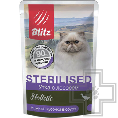 Blitz Holistic Пресервы для взрослых стерилизованных кошек, с уткой и лососем в соусе