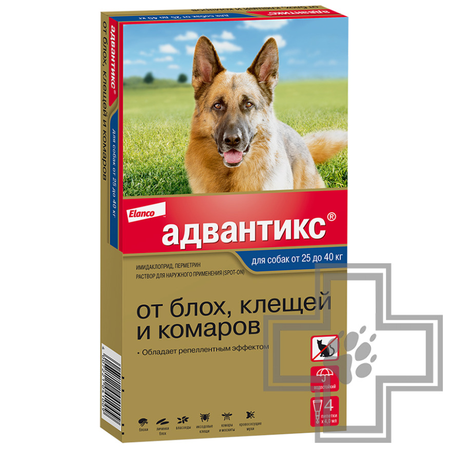 Адвантикс Капли на холку от блох, клещей и комаров (цена за 1 пипетку) Адвантикс Капли на холку от блох, клещей и комаров (цена за 1 пипетку)