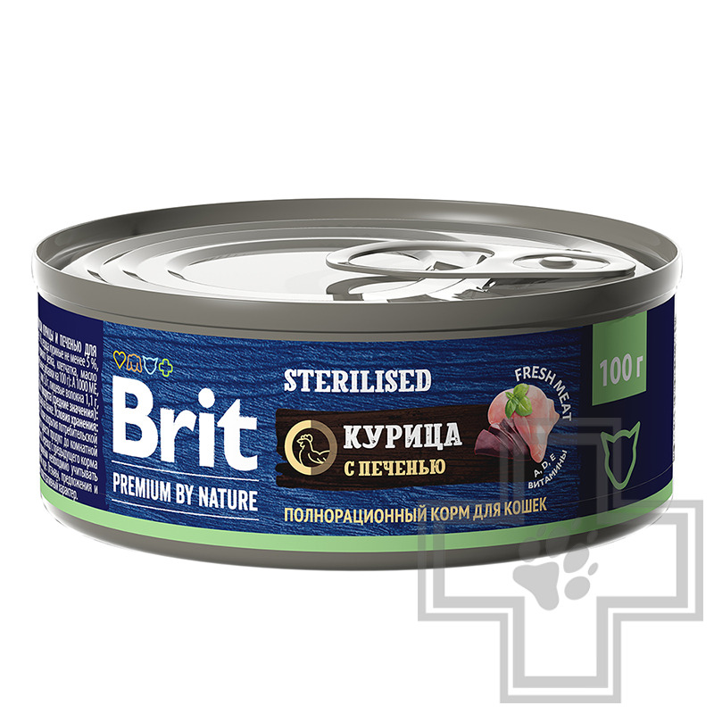 Брит Консервы для взрослых стерилизованных кошек, с курицей и печенью
