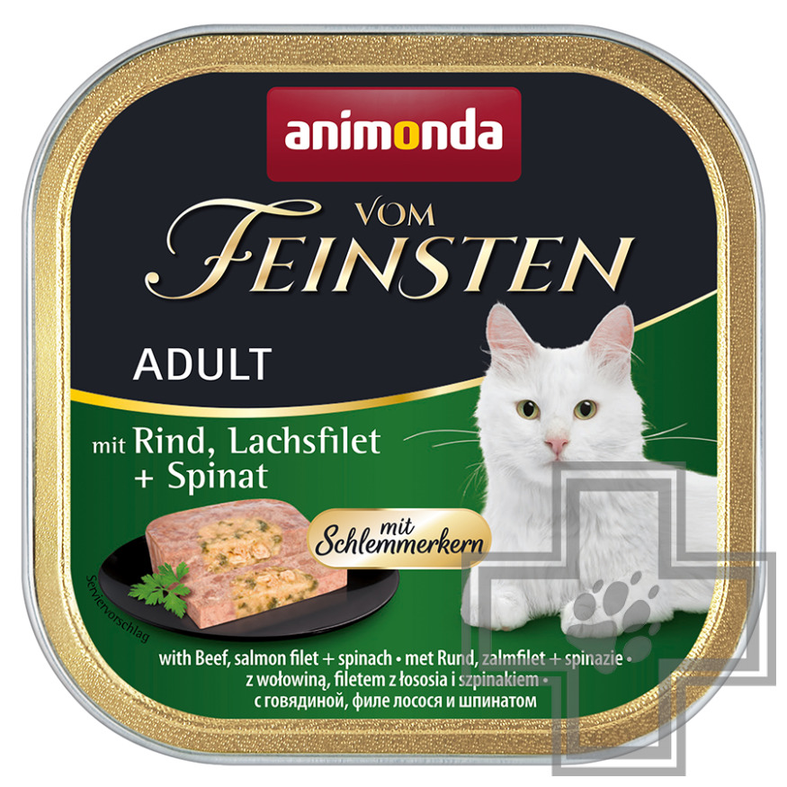 Vom Feinsten Консервы для взрослых кошек, паштет с говядиной, лососем и шпинатом