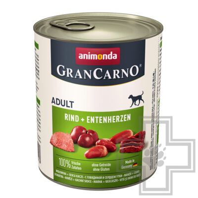 GranCarno Консервы для взрослых собак, кусочки с говядиной и сердцем утки