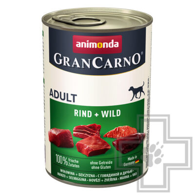 GranCarno Консервы для взрослых собак, кусочки с говядиной и дичью