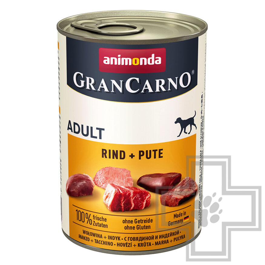 GranCarno Консервы для взрослых собак, кусочки с говядиной и индейкой
