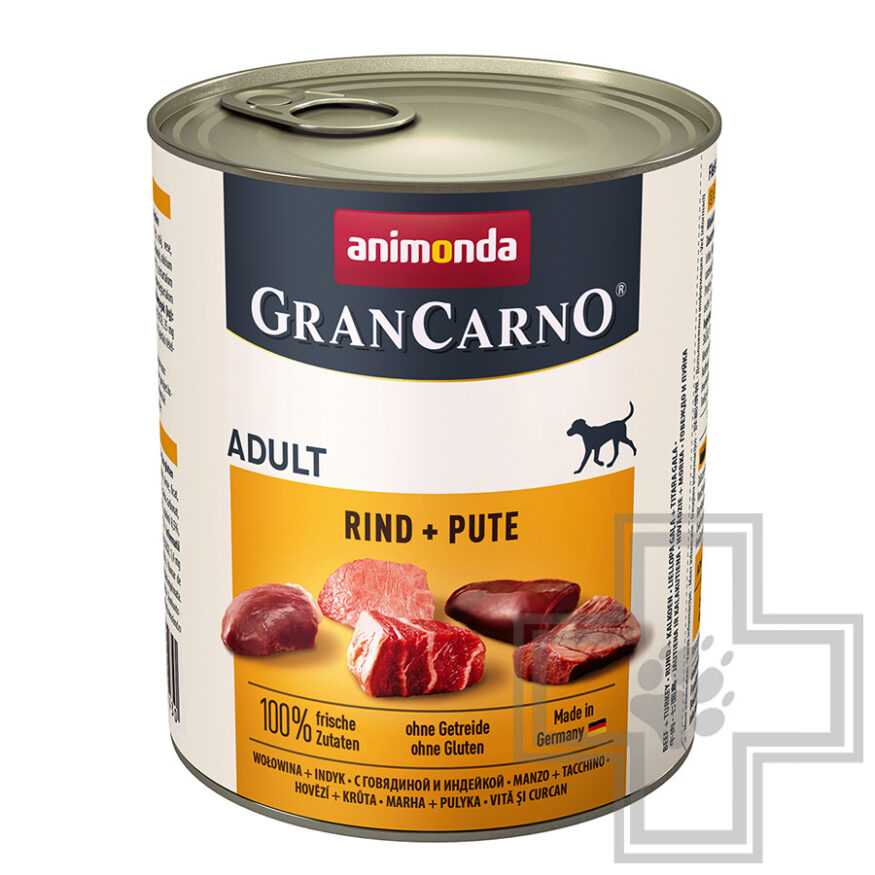 GranCarno Консервы для взрослых собак, кусочки с говядиной и индейкой