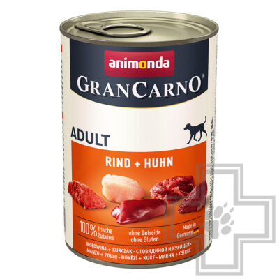 GranCarno Консервы для взрослых собак, кусочки с говядиной и курицей