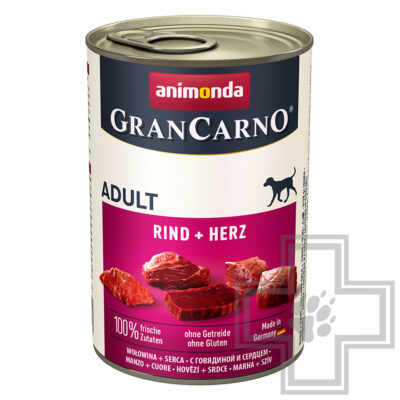 GranCarno Консервы для взрослых собак, кусочки с говядиной и сердцем