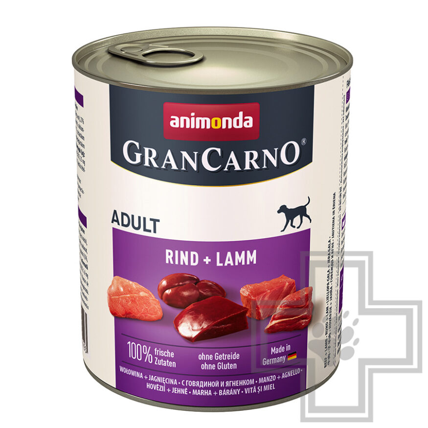 GranCarno Консервы для взрослых собак, кусочки с говядиной и ягнёнком