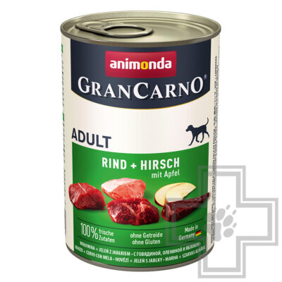 GranCarno Консервы для взрослых собак, кусочки с говядиной, олениной и яблоком