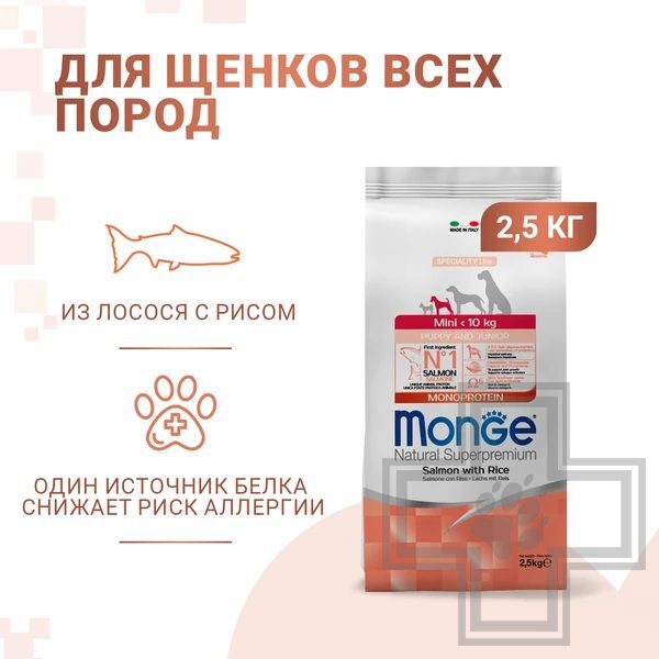 Monge Dog Speciality Line Monoprotein Корм для щенков мелких пород, с лососем и рисом
