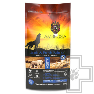 Ambrosia Adult All Breeds Корм беззерновой для взрослых собак всех пород, с ягненком и лососем