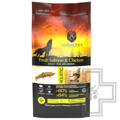 Ambrosia Adult Mini Breeds Корм беззерновой для взрослых собак мелких пород, с лососем и курицей