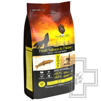 Ambrosia Adult Mini Breeds Корм беззерновой для взрослых собак мелких пород, с лососем и курицей
