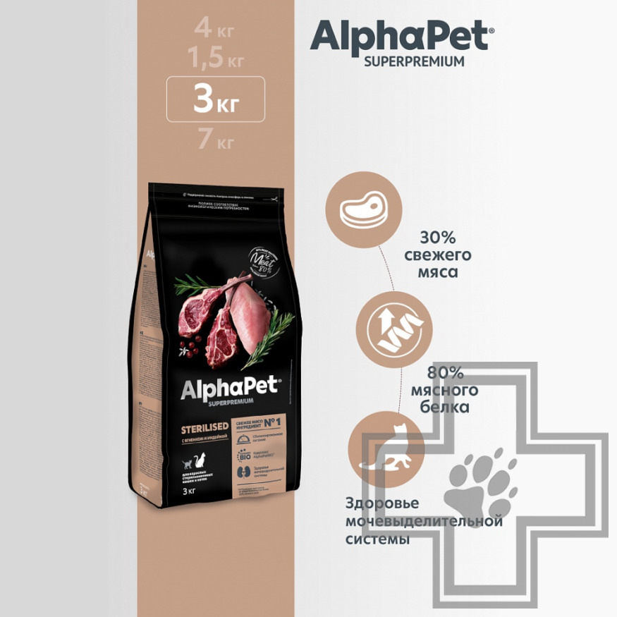 AlphaPet Корм для взрослых стерилизованных кошек и котов, с ягненком и индейкой