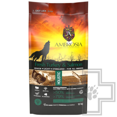 Ambrosia Sterilized All Breeds Корм беззерновой для пожилых собак всех пород, с индейкой и лососем