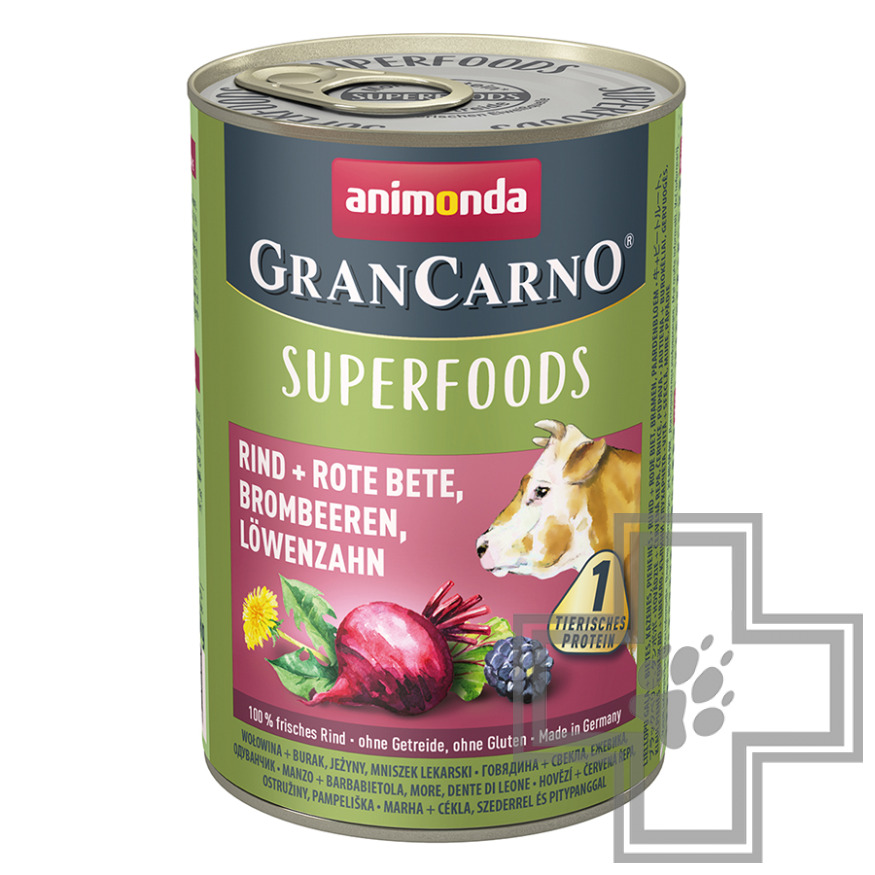 GranCarno Superfoods Консервы беззерновые для взрослых собак, с говядиной, свеклой и ежевикой