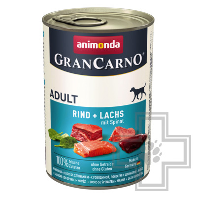 GranCarno Консервы для взрослых собак, с говядиной, лососем и шпинатом