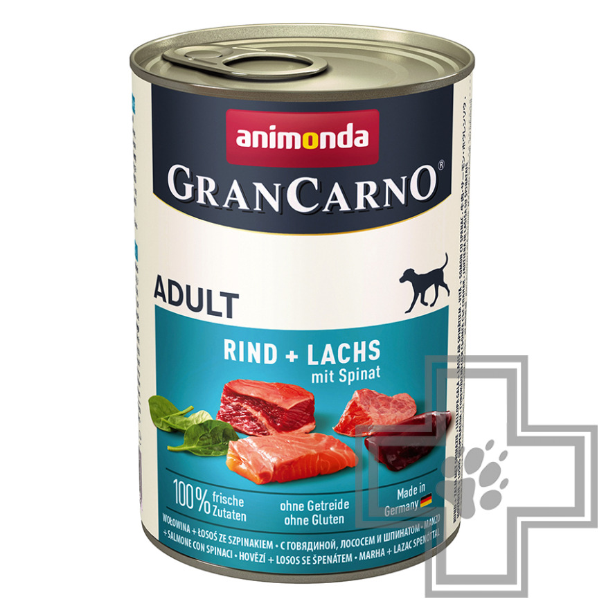 GranCarno Консервы для взрослых собак, с говядиной, лососем и шпинатом